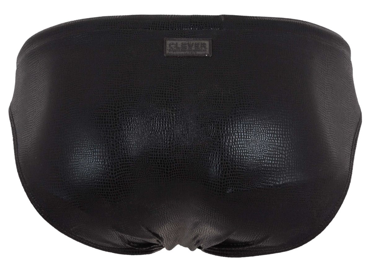 Black faux leather clever 2065 gorgona swim briefs with subtle crocodile texture and brand tag at waistband