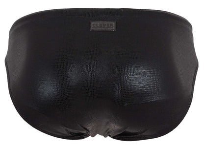 Black faux leather clever 2065 gorgona swim briefs with subtle crocodile texture and brand tag at waistband