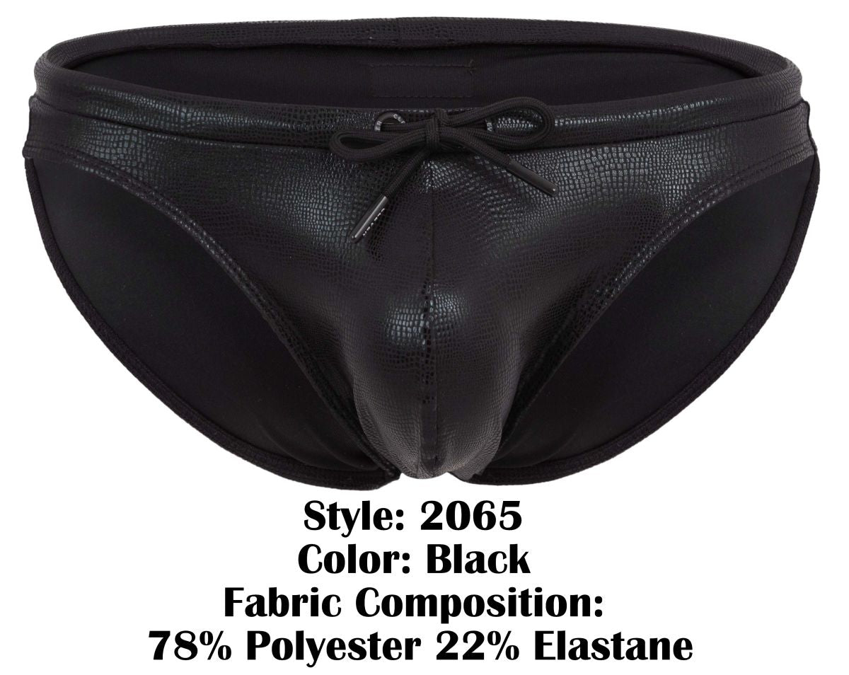 Black clever 2065 gorgona swim briefs with textured faux-leather finish and tied bow at waistband