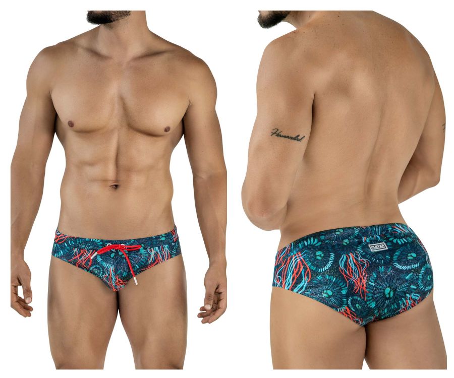 Men’s clever 2066 malpelo swim briefs in dark blue stretch fabric with vibrant blue and red jellyfish pattern and drawstring waistband