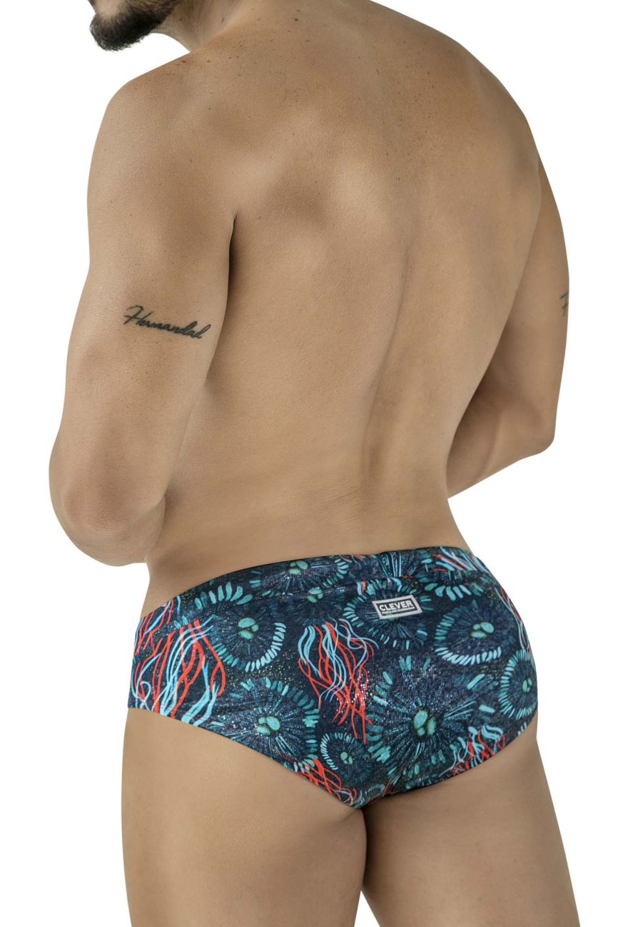 Dark blue clever 2066 malpelo swim briefs featuring red and teal jellyfish pattern and oliver branded waistband