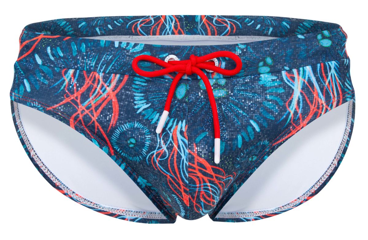 Clever 2066 malpelo swim briefs in dark blue with blue and red jellyfish pattern and bright red drawstring
