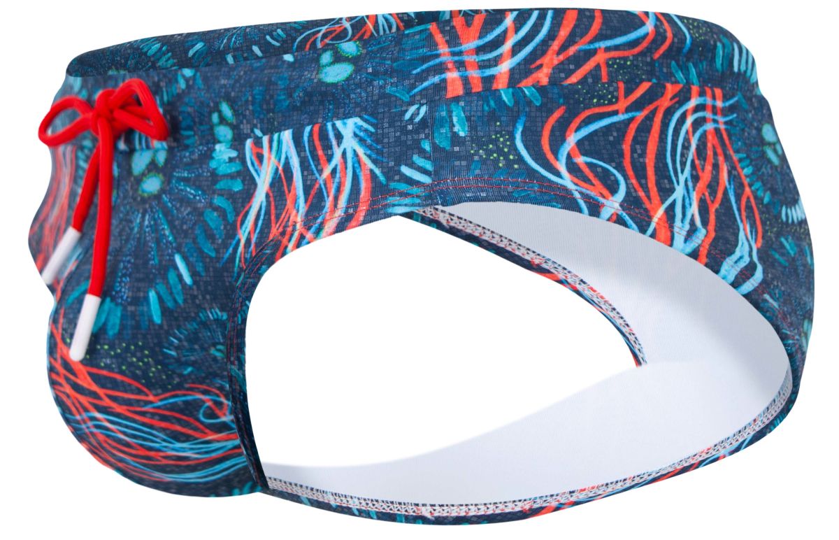 Blue and red abstract patterned clever 2066 malpelo swim briefs with white interior lining in dark blue color