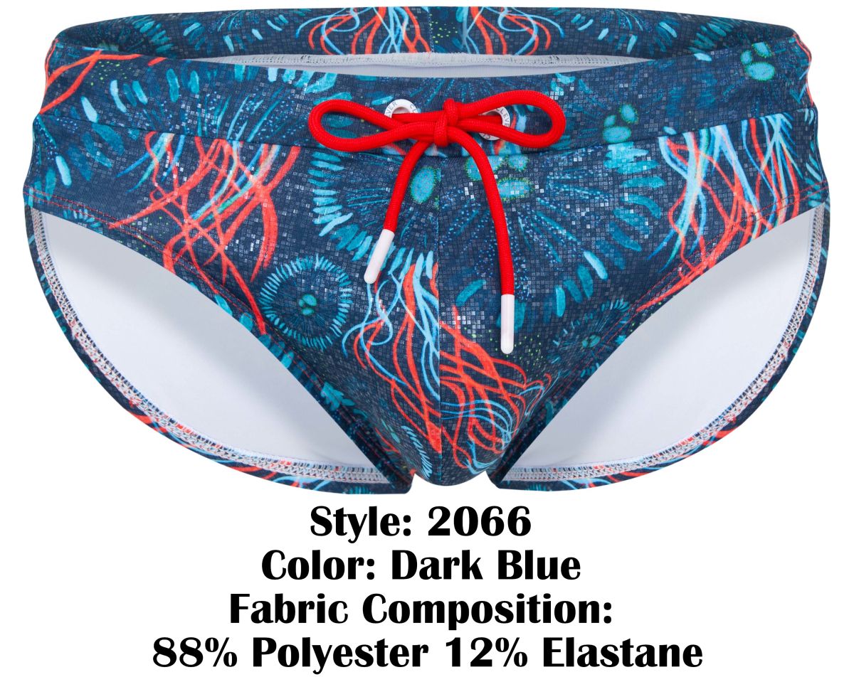 Dark blue clever 2066 malpelo swim briefs with vibrant red and teal jellyfish pattern and bright red drawstring
