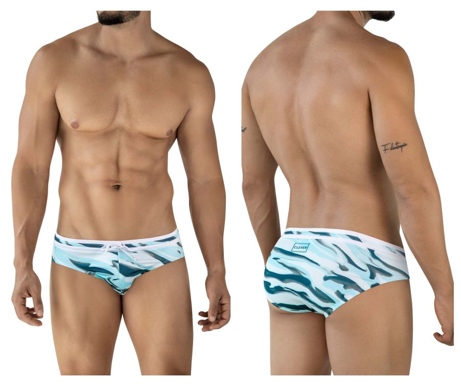 Men’s clever 2067 baru swim briefs in blue with bold teal and white abstract wave pattern and logo on waistband