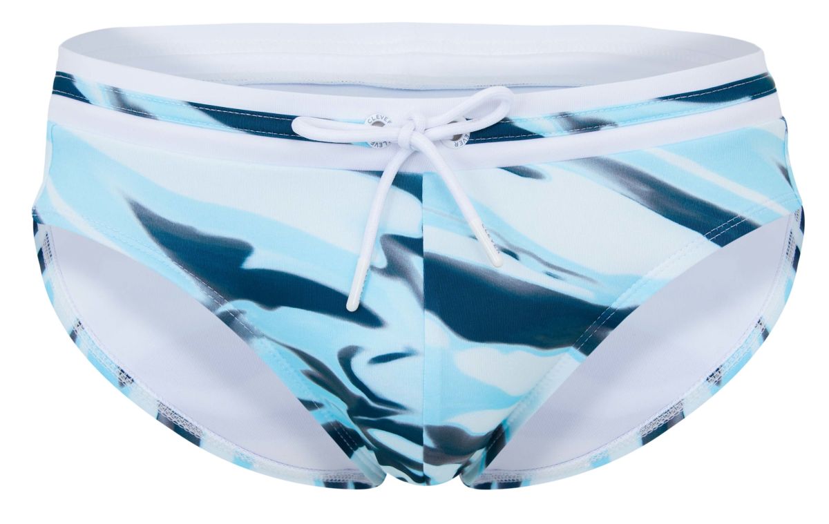 Clever 2067 baru swim briefs in blue feature a blue and white camouflage pattern with a white drawstring waistband