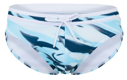 Clever 2067 baru swim briefs in blue feature a blue and white camouflage pattern with a white drawstring waistband