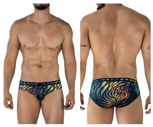 Clever 2068 Tumaco swim briefs in black with vibrant iridescent zebra-striped rainbow gradient and black elastic waistband