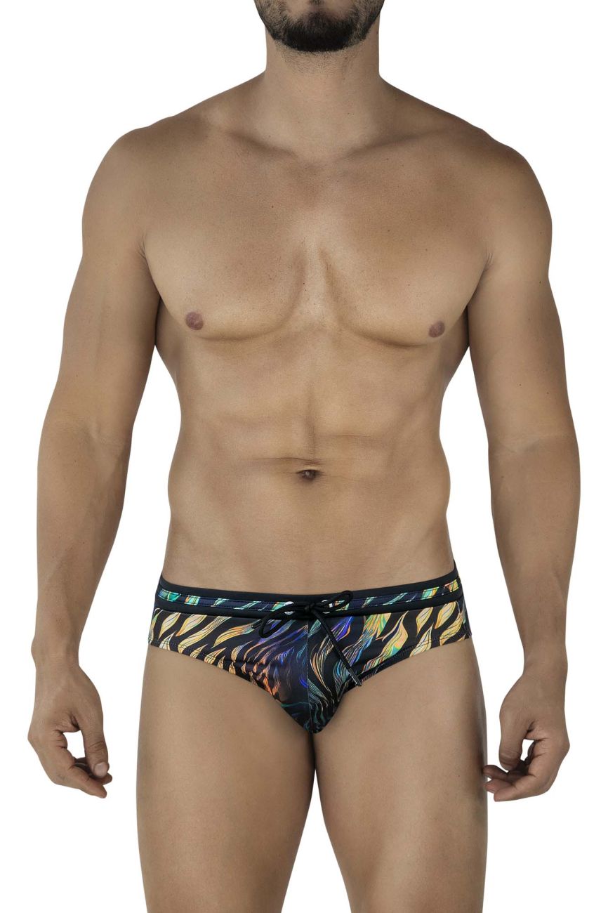 Vibrant iridescent zebra-striped clever 2068 tumaco swim briefs with bold black waistband in black color