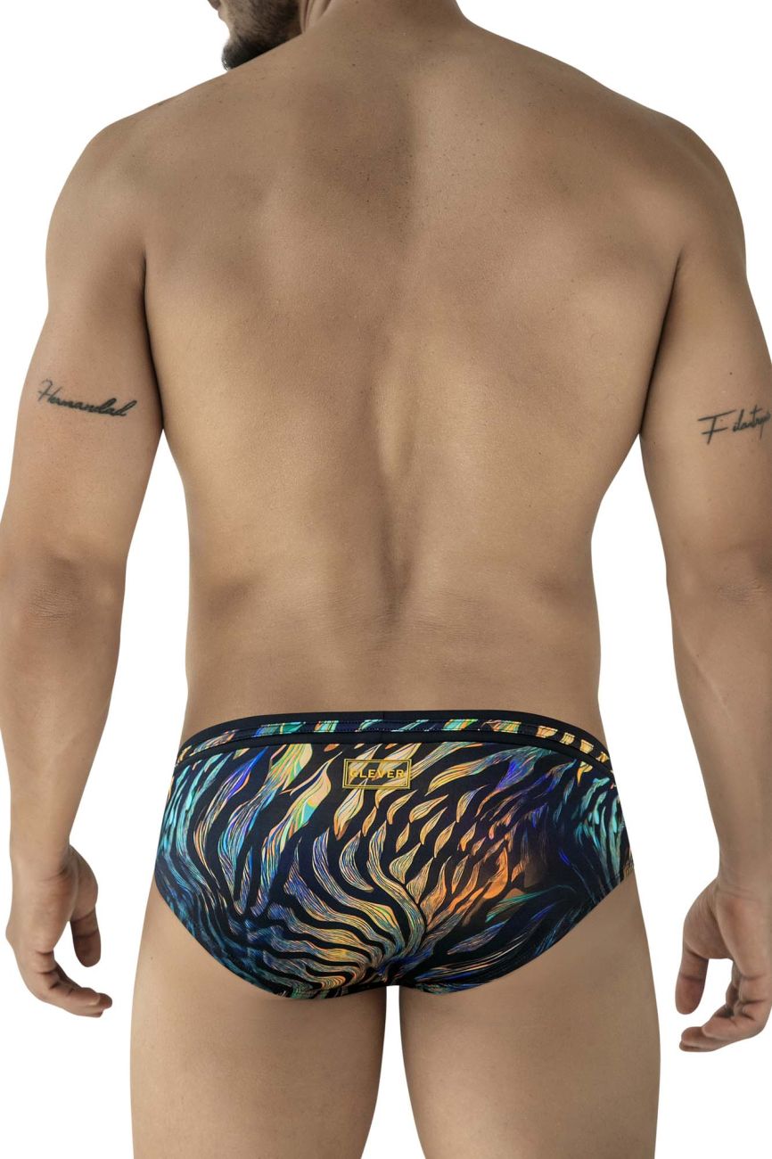 Clever 2068 tumaco swim briefs in black with iridescent tiger-striped holographic fabric and black elastic waistband