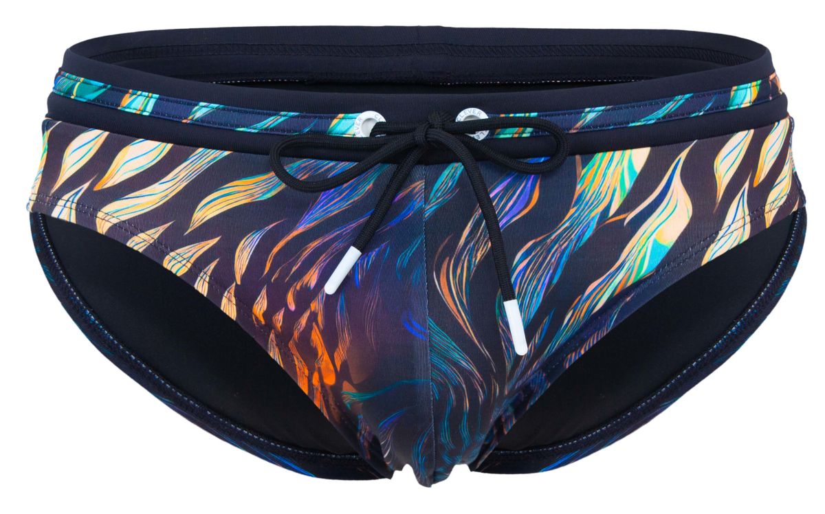 Clever 2068 tumaco swim briefs in black with vibrant blue green orange and purple flame pattern and white drawstrings