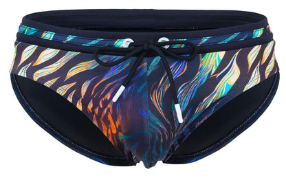 Clever 2068 tumaco swim briefs in black with vibrant blue green orange and purple flame pattern and white drawstrings