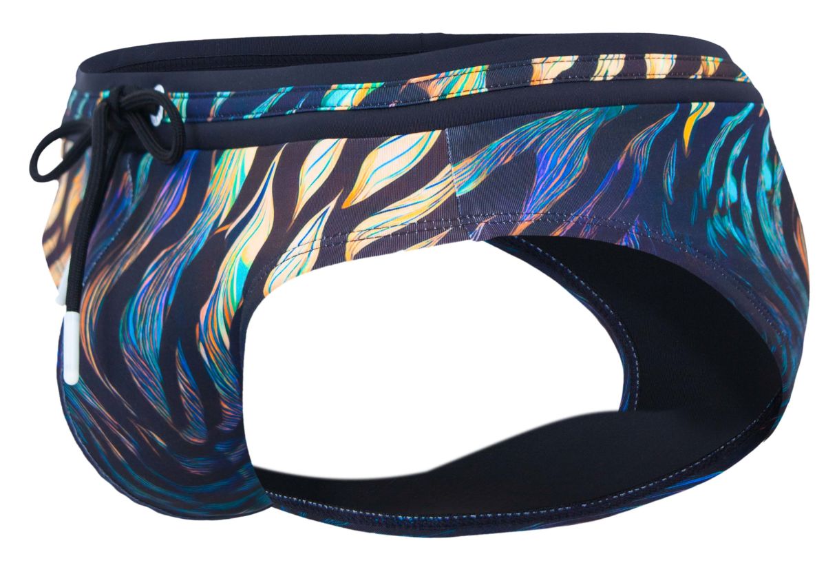 Clever 2068 tumaco swim briefs in black featuring vibrant iridescent feather-patterned navy blue fabric with black drawstring waistband