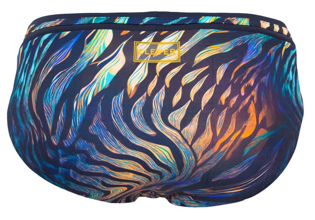 Clever 2068 Tumaco swim briefs in black with vibrant abstract wave pattern in blue teal orange and gold on navy base