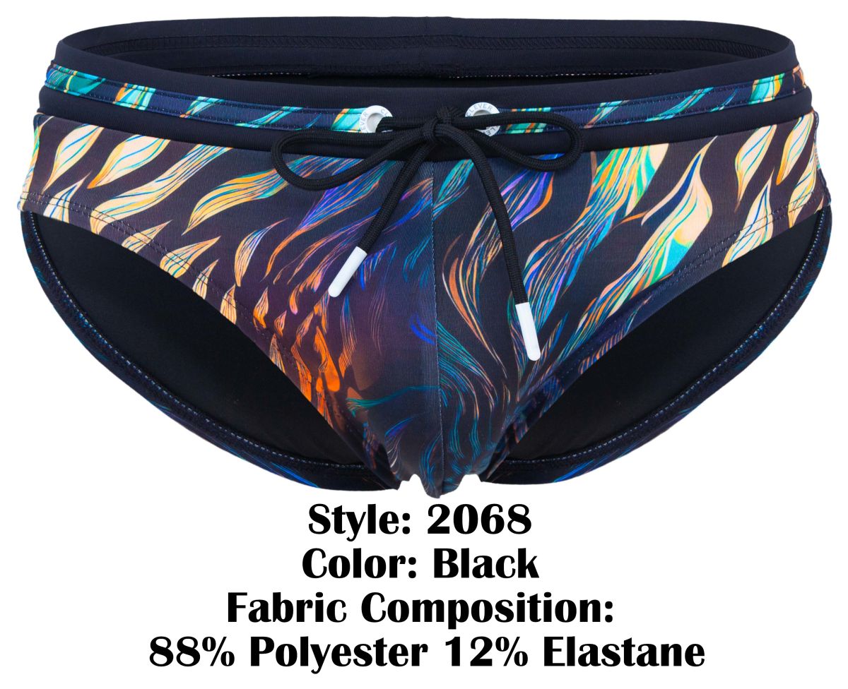 Clever 2068 tumaco swim briefs in black with vibrant iridescent blue green orange and purple feather pattern