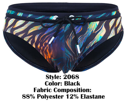 Clever 2068 tumaco swim briefs in black with vibrant iridescent blue green orange and purple feather pattern
