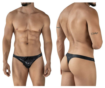 Black shiny latex thong with drawstring waistband shown from the back in clever 2071 gorgona swim thongs color black