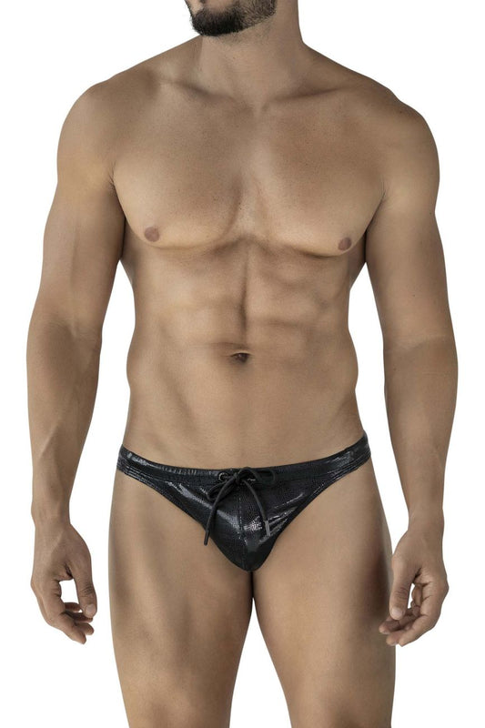 Black shiny textured clever 2071 gorgona swim thongs with drawstring waistband for beachwear
