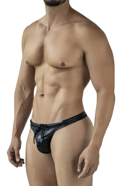 Black shiny latex swim thong briefs with a drawstring waistband from clever 2071 gorgona collection