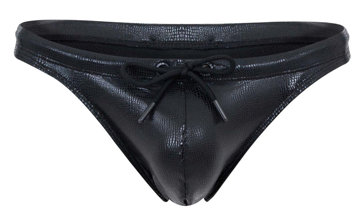 Black faux leather thong swimwear with textured crocodile pattern and matching drawstring tie clever 2071 gorgona