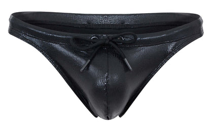 Black faux leather thong swimwear with textured crocodile pattern and matching drawstring tie clever 2071 gorgona