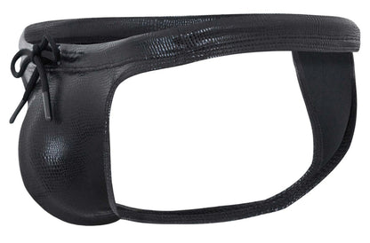 Black faux leather clever 2071 gorgona swim thong with reptile skin texture and tied bow at the front