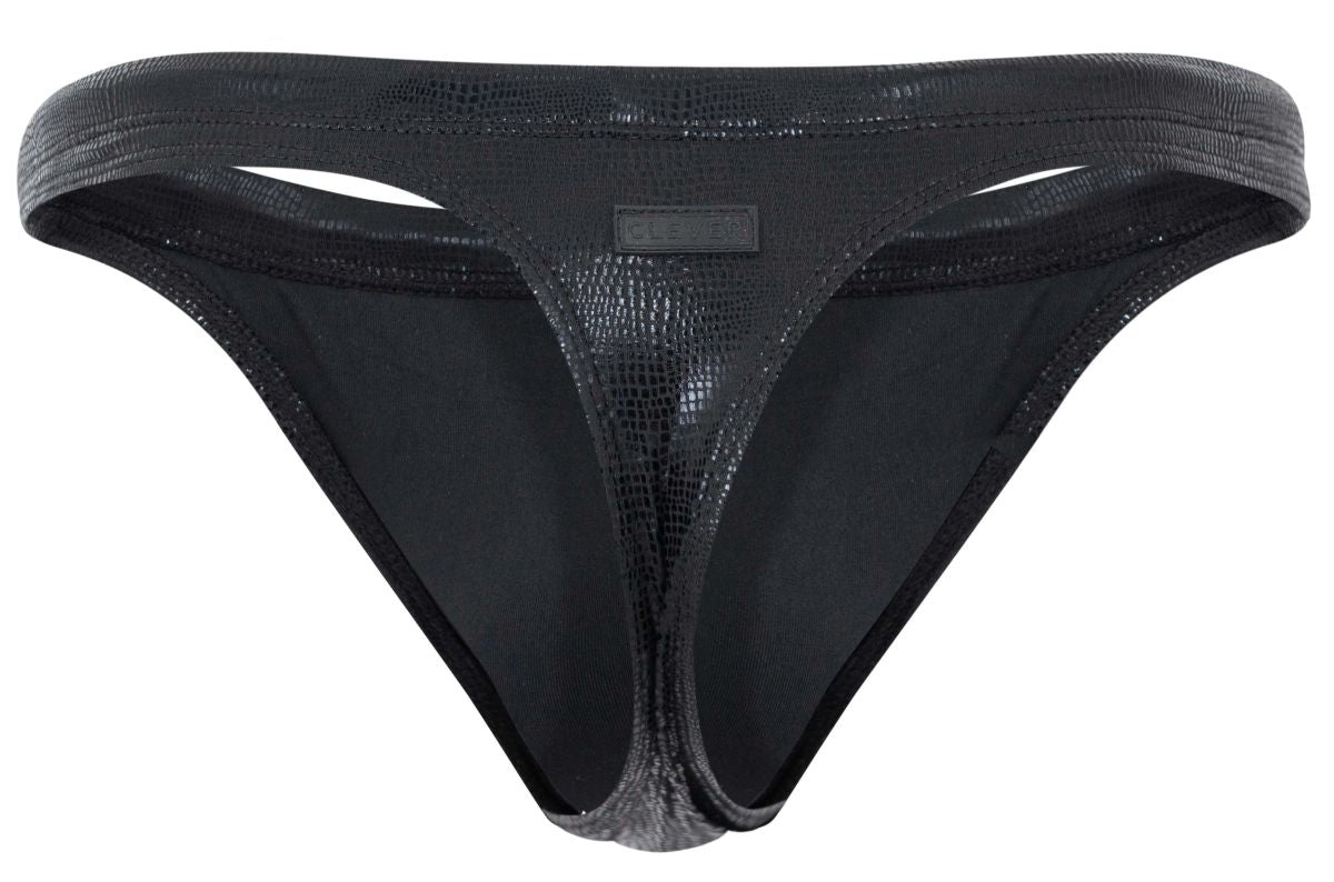 Black crocodile-textured clever 2071 gorgona swim thong with sleek form-fitting design and subtle sheen