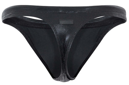 Black crocodile-textured clever 2071 gorgona swim thong with sleek form-fitting design and subtle sheen