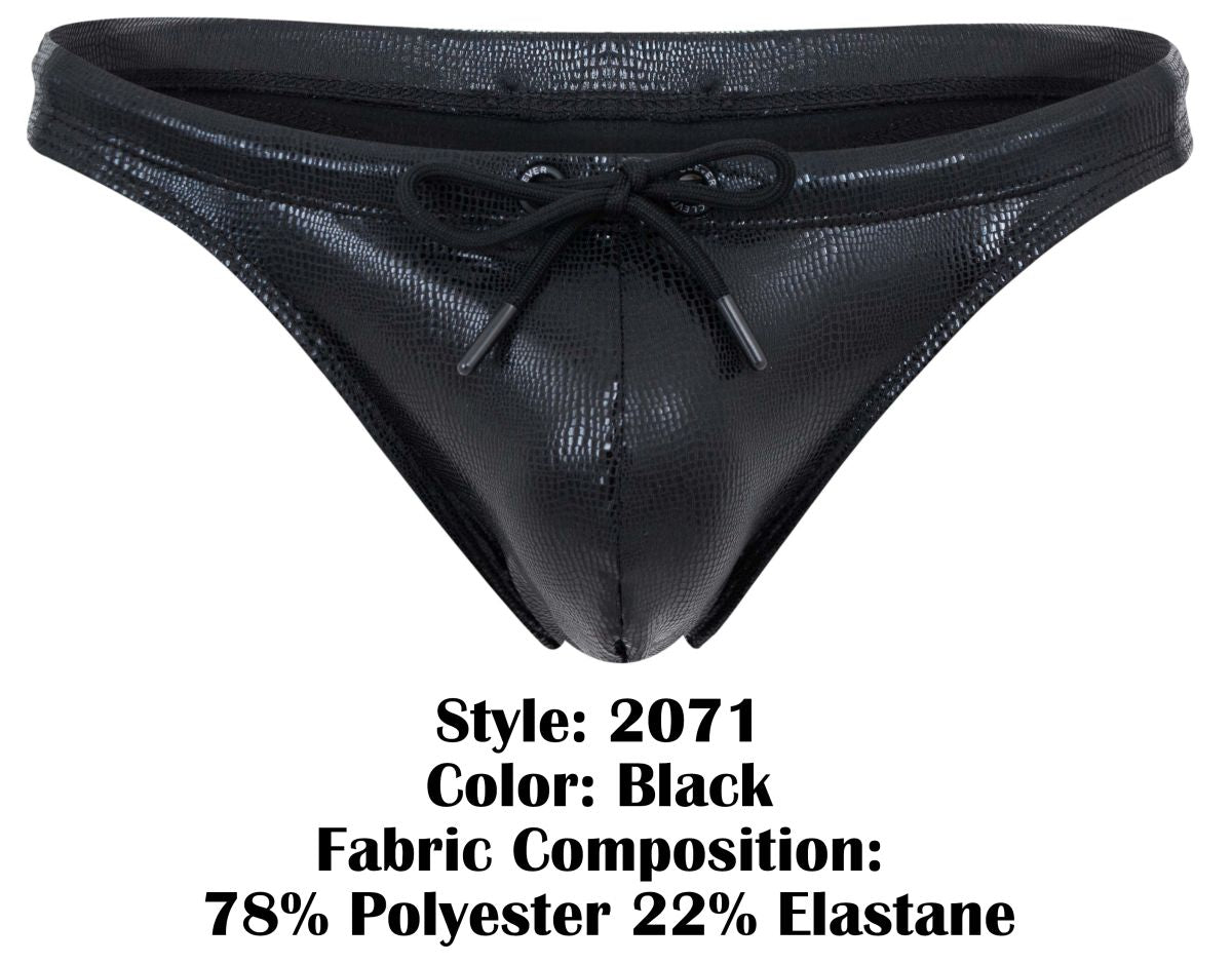 Clever 2071 gorgona swim thongs in black shiny faux leather with textured crocodile pattern and black drawstring bow front