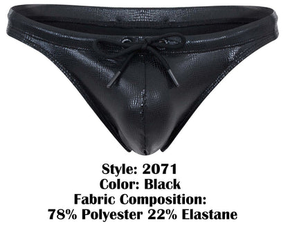 Clever 2071 gorgona swim thongs in black shiny faux leather with textured crocodile pattern and black drawstring bow front