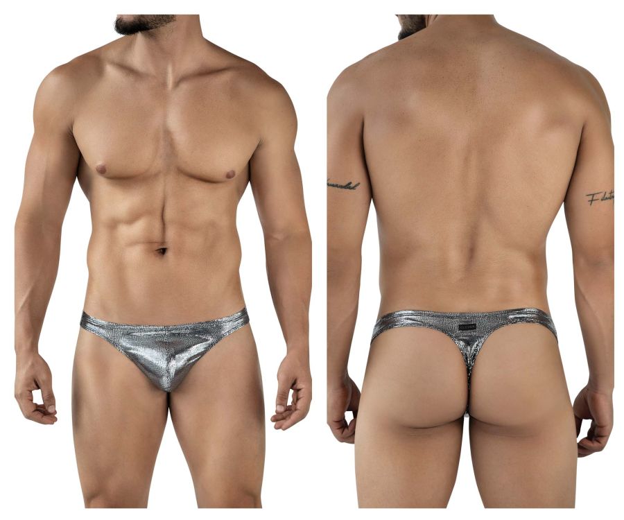 Shiny silver metallic Clever 2072 Sparkles thong with subtle texture and small black brand tag at the back in black color
