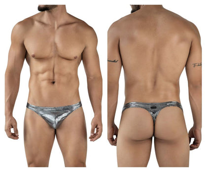Shiny silver metallic Clever 2072 Sparkles thong with subtle texture and small black brand tag at the back in black color