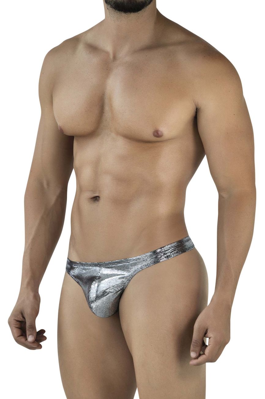 Shiny silver metallic briefs with textured reflective surface in clever 2072 sparkles thongs color black