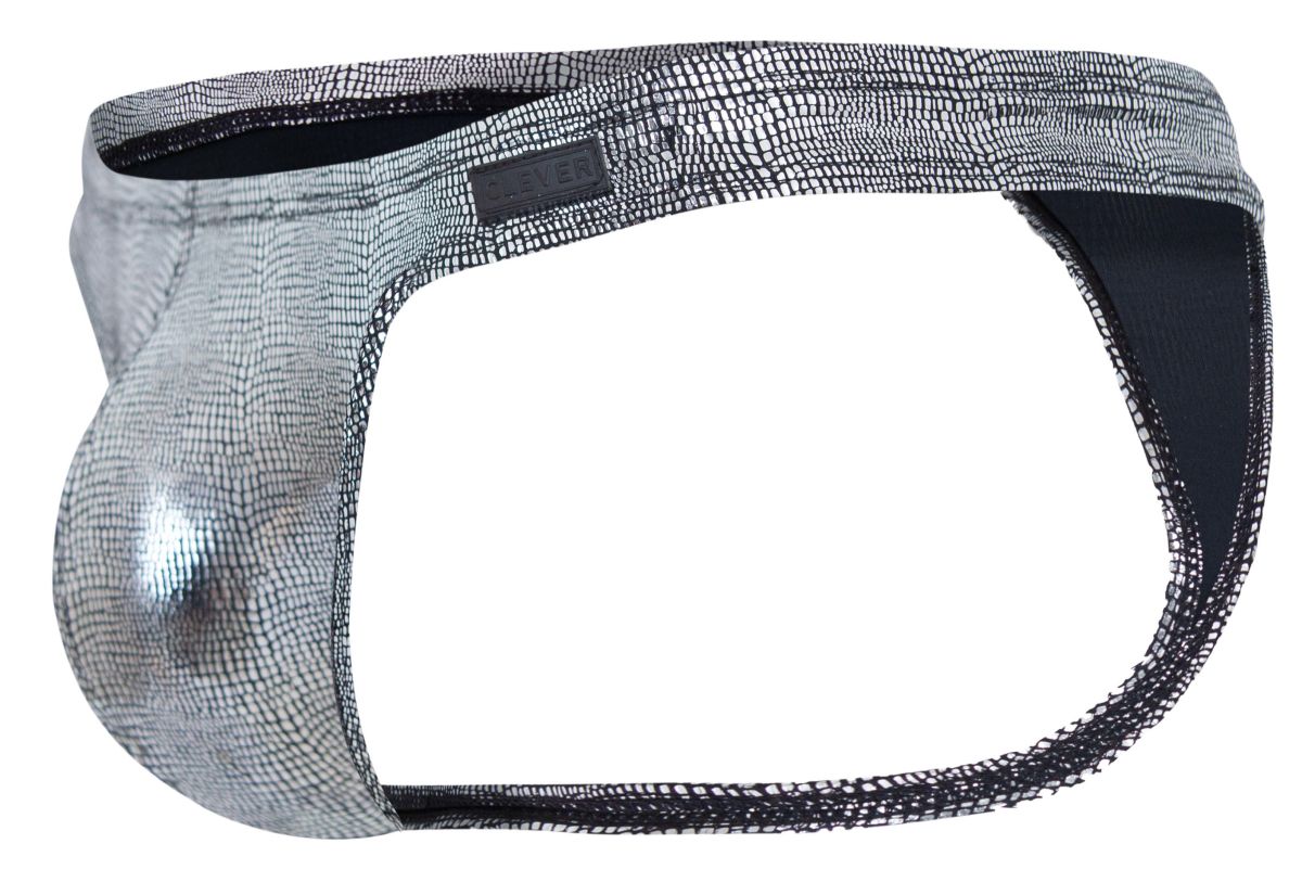 Silver metallic snake-skin patterned clever 2072 sparkles men’s thong with black mesh trim and branded label in black