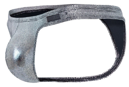 Silver metallic snake-skin patterned clever 2072 sparkles men’s thong with black mesh trim and branded label in black