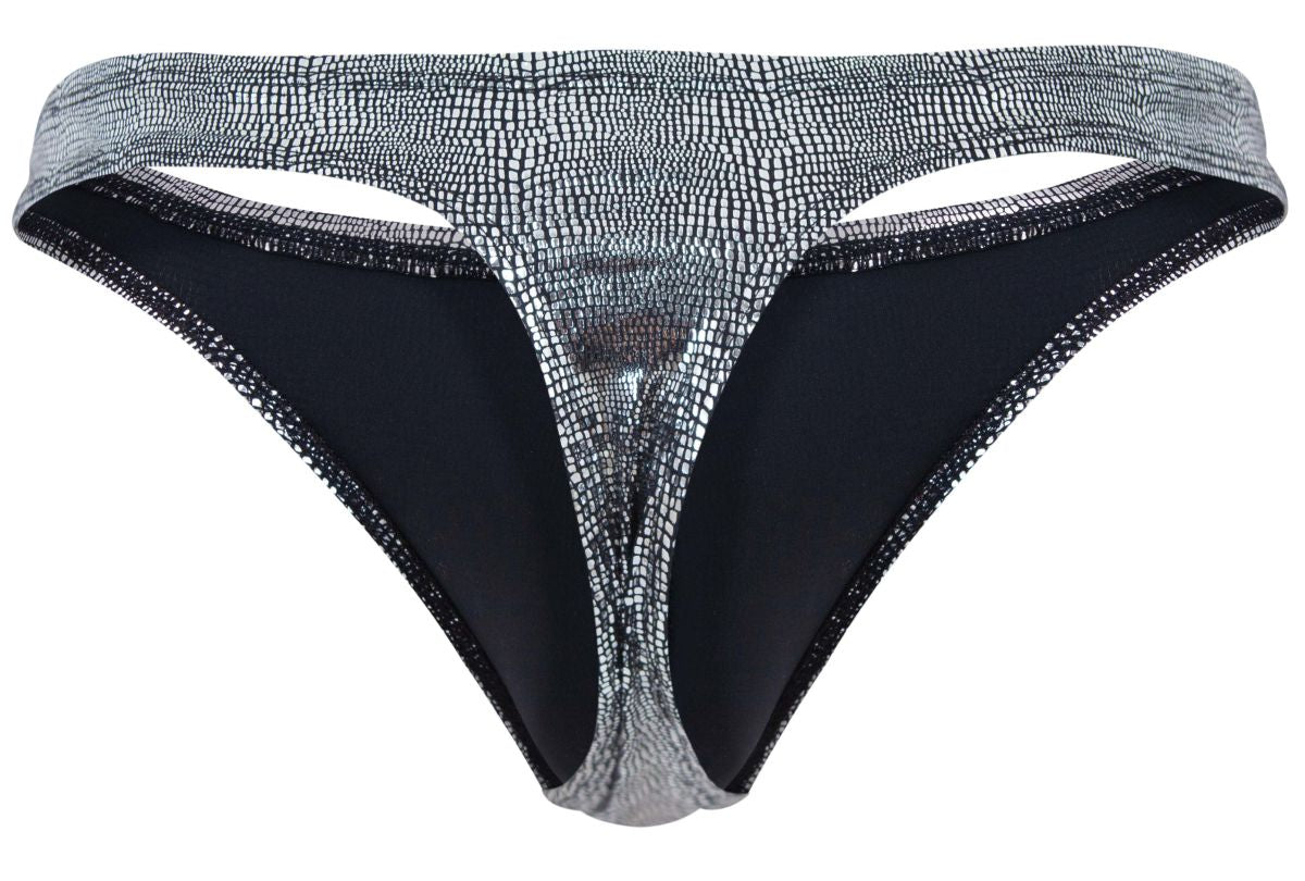 Silver crocodile-patterned Clever 2072 Sparkles thong with black inner lining and glittery trim in black color