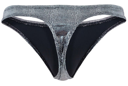 Silver crocodile-patterned Clever 2072 Sparkles thong with black inner lining and glittery trim in black color