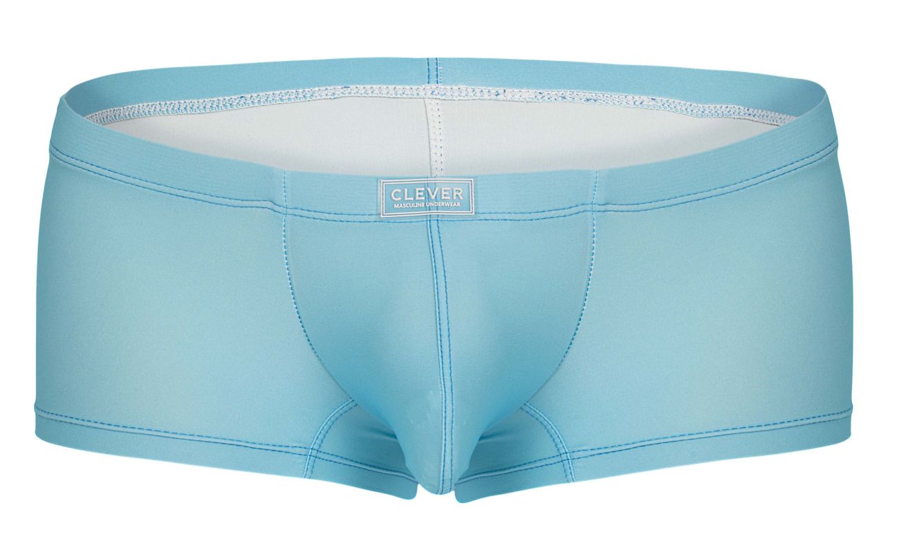 Light blue form-fitting boxer briefs with white lining and clever brand label on waistband from clever 229946 7pk trunks multi-colored