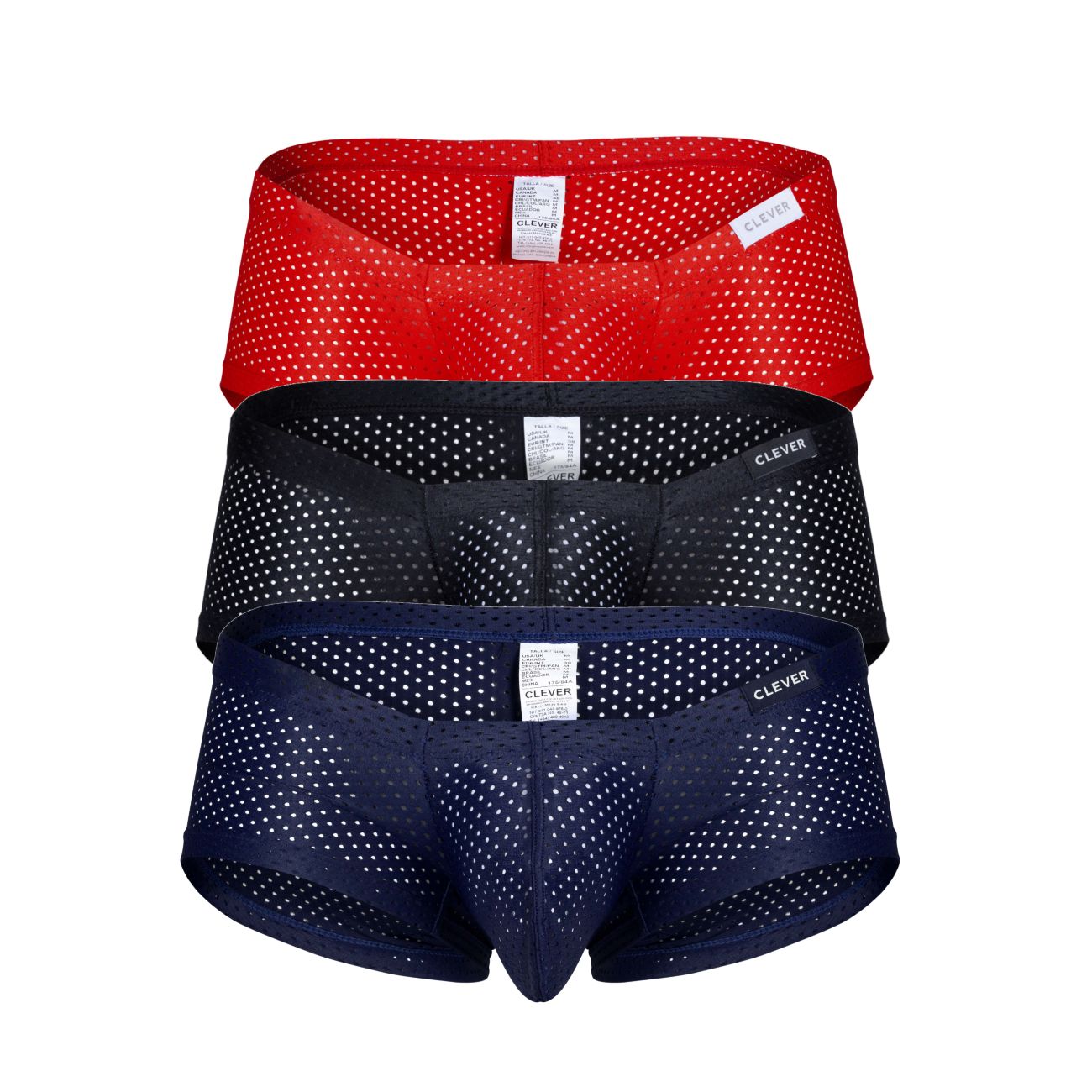 Three pairs of clever Australian latin trunks breathable mesh briefs in black red and blue with white polka dots