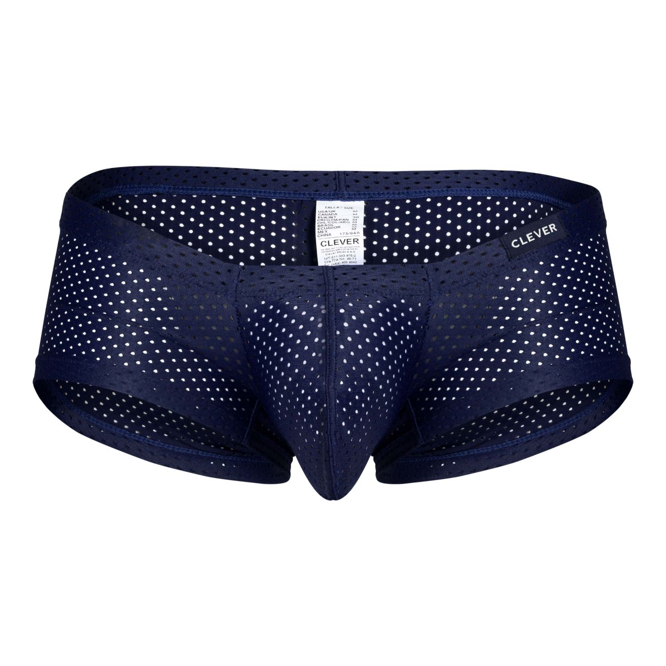 Navy blue perforated mesh men’s underwear with white polka dots and clever brand label in black red and blue trunks pack