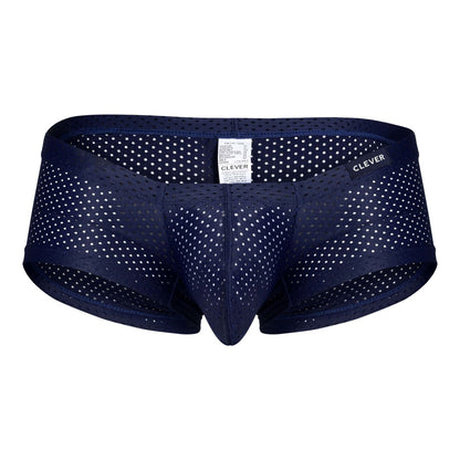 Navy blue perforated mesh men’s underwear with white polka dots and clever brand label in black red and blue trunks pack
