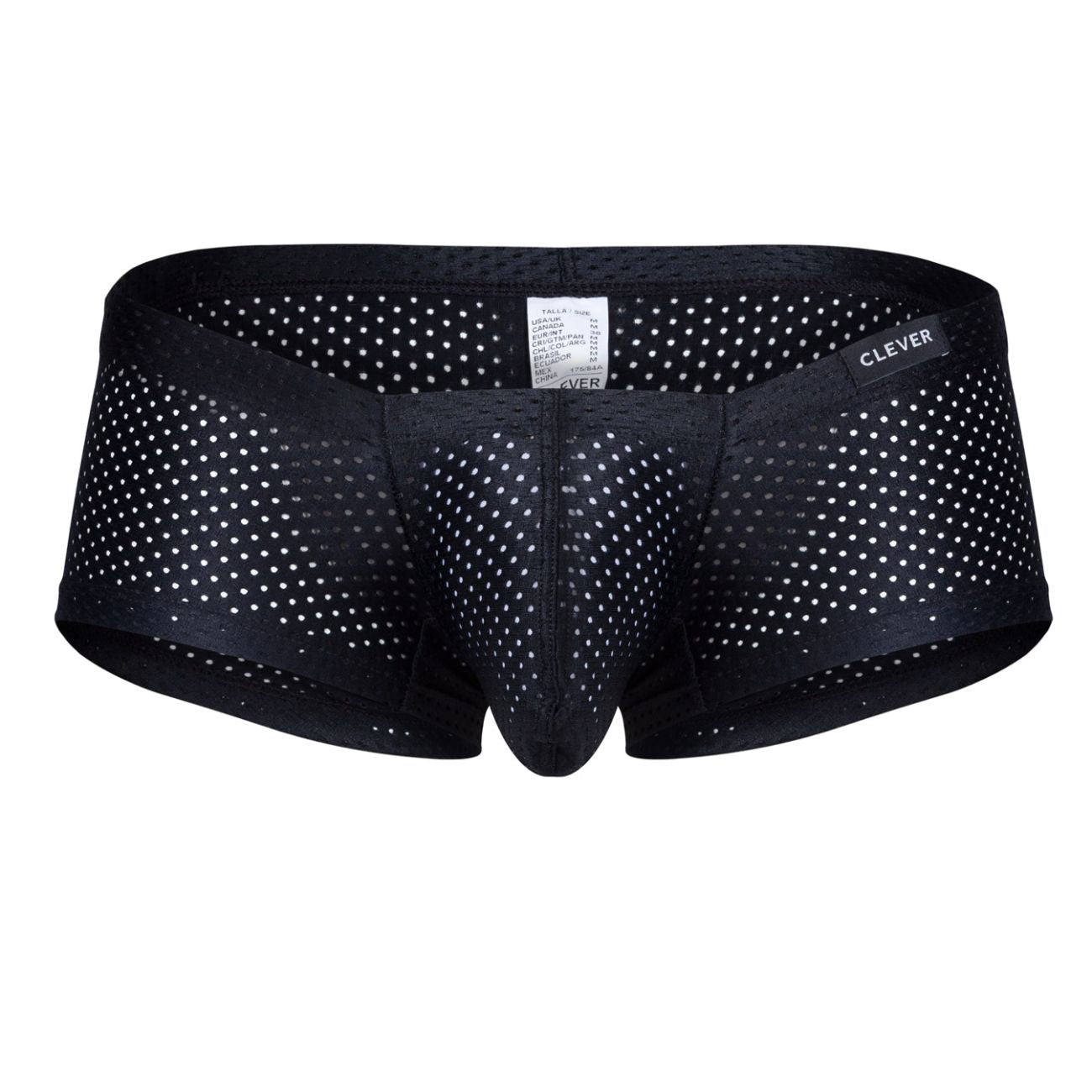 Black mesh briefs with white polka dots featuring clever brand label from clever 229947 3pk australian latin trunks