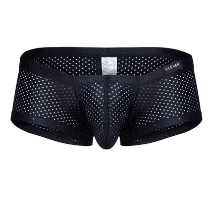 Black mesh briefs with white polka dots featuring clever brand label from clever 229947 3pk australian latin trunks
