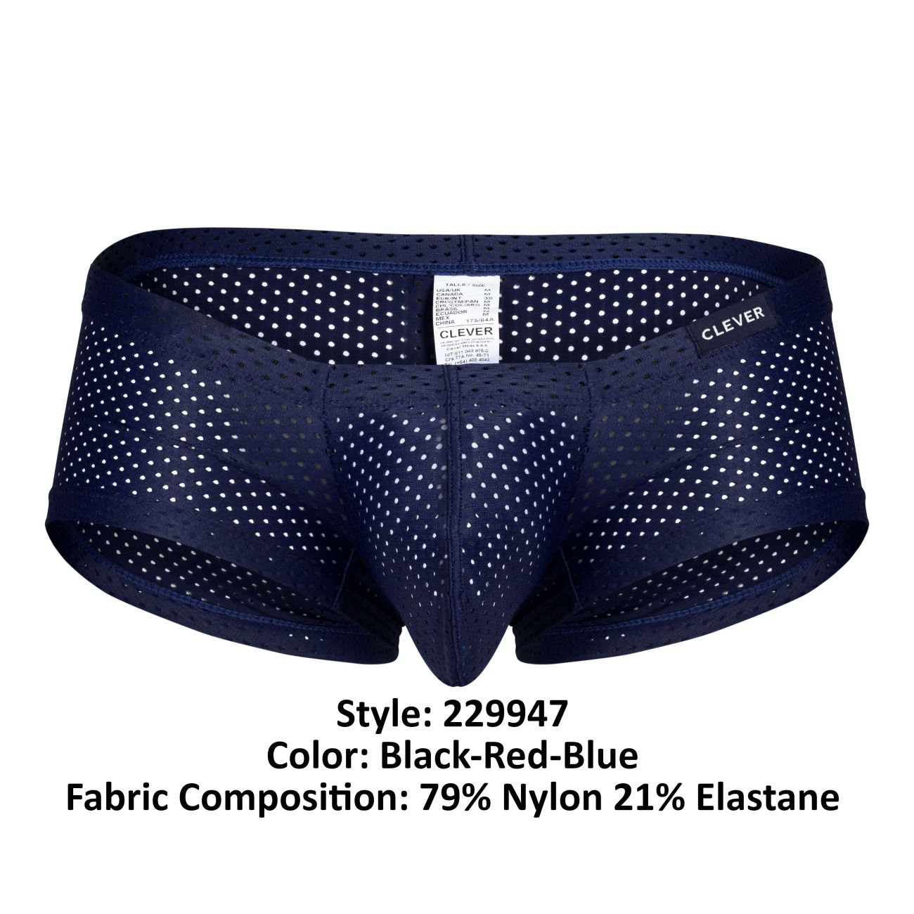 Navy blue mesh briefs with white polka dots and clever brand label from clever 229947 australian latin trunks pack