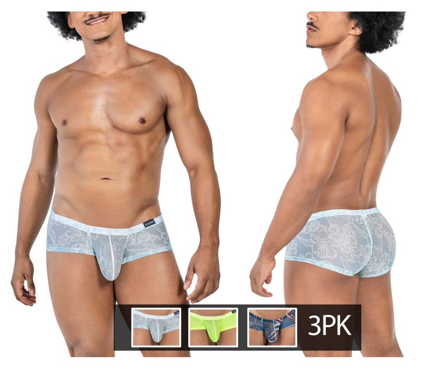 Light blue sheer lace men’s briefs with floral pattern and white trim from clever 229948 3pk australian latin trunks