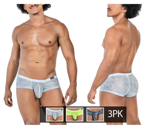 Light blue sheer lace men’s briefs with floral pattern and white trim from clever 229948 3pk australian latin trunks