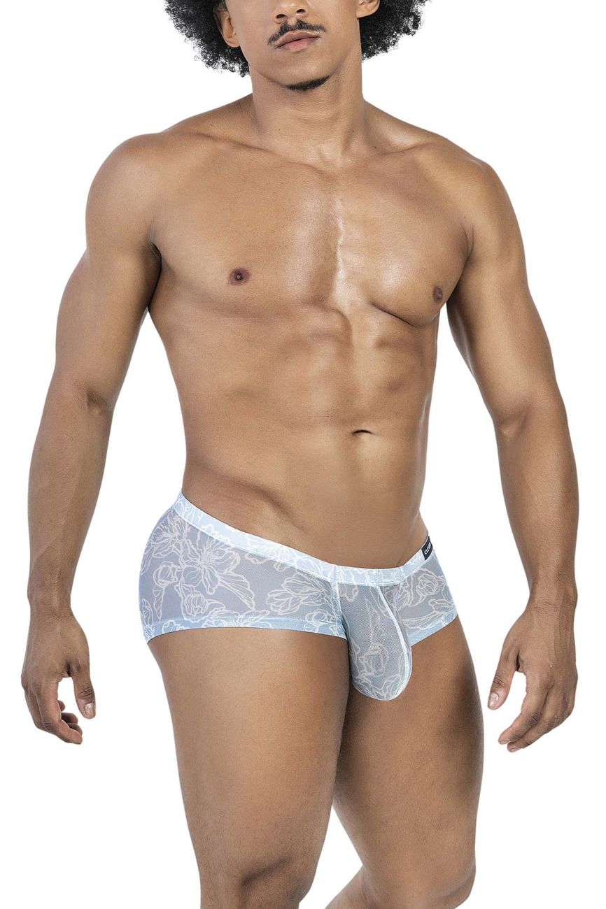 Light blue sheer lace men’s briefs with floral pattern and white trim from clever 229948 3PK Australian latin trunks