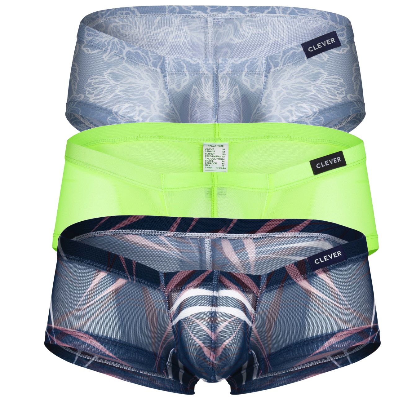 Three pairs of clever 229948 australian latin trunks in gray floral, neon green, and dark blue geometric with pink accents