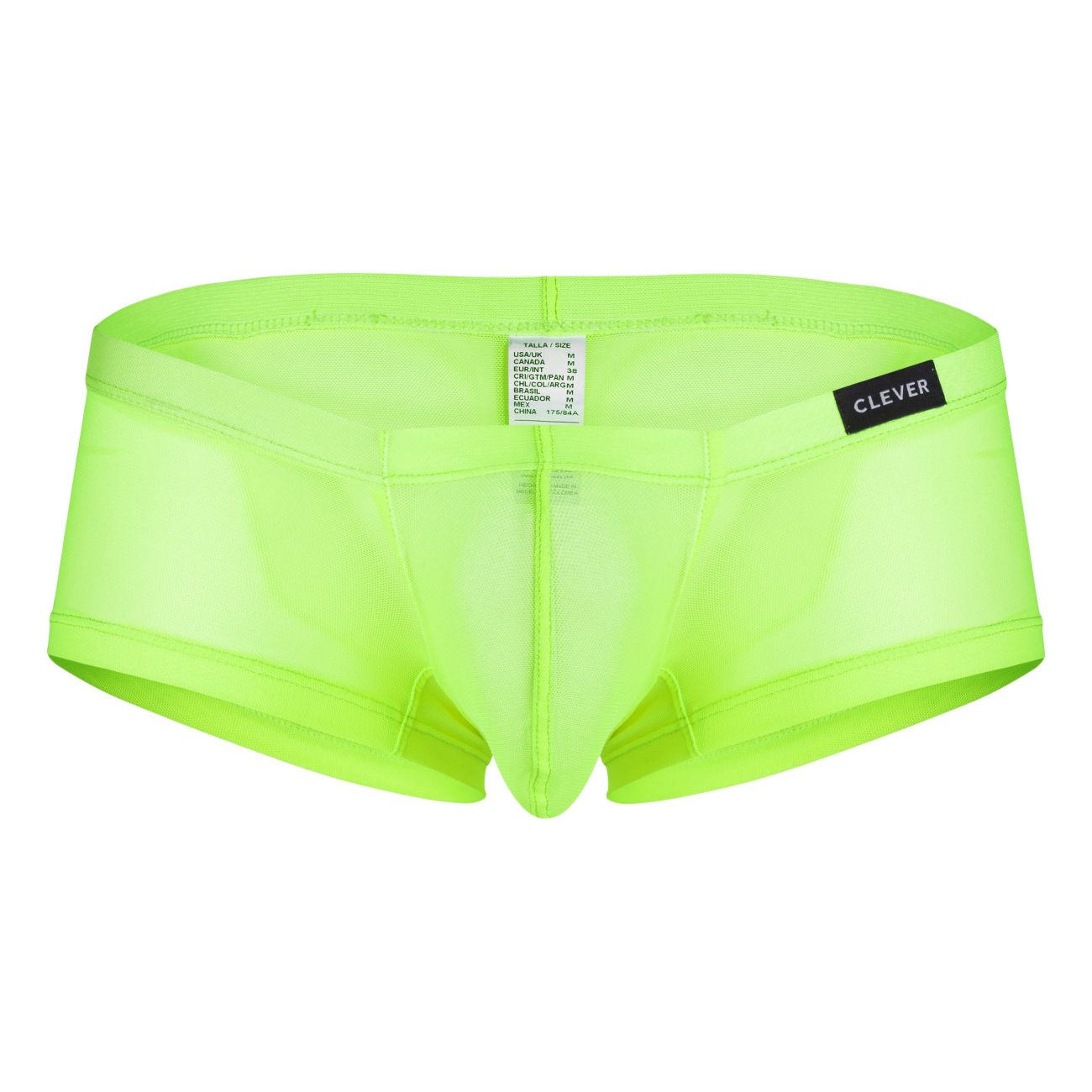 Bright neon green sheer men briefs with black Clever brand label on waistband from Clever 229948 Australian Latin trunks pack