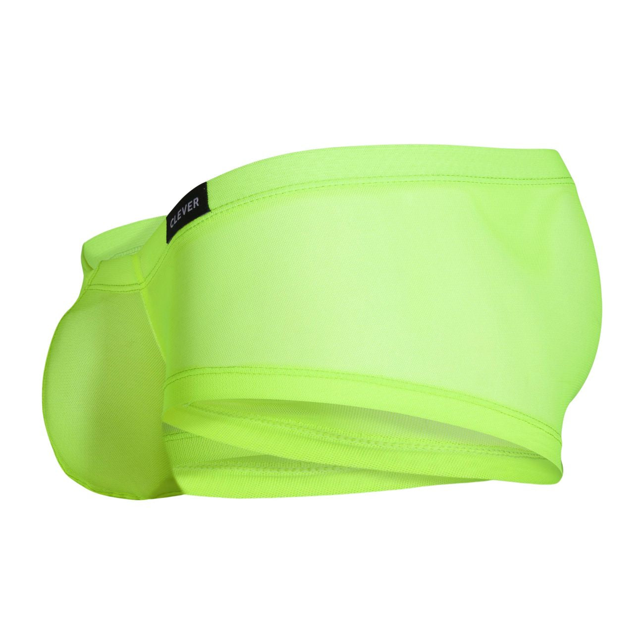 Bright neon green mesh briefs with a black clever brand tag on the waistband from clever 229948 3pk trunks collection